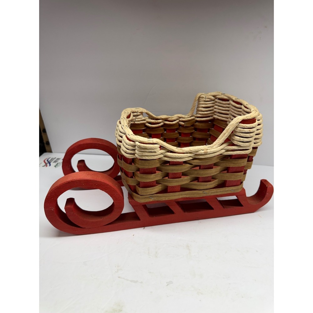 Christmas Sleigh Wicker Basket Red Wooden Base Holiday Decor Centerpiece